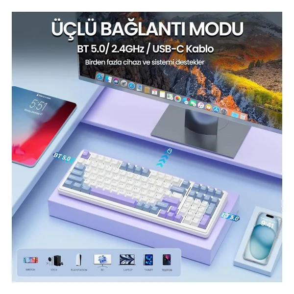 Aula F99 3 Modlu RGB Hot Swap Mekanik Reaper Switch Kablosuz Makrolu Klavye Mavi - Görsel 3