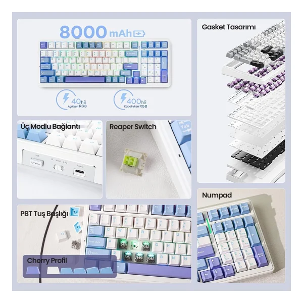 Aula F99 3 Modlu RGB Hot Swap Mekanik Reaper Switch Kablosuz Makrolu Klavye Mavi - Görsel 4