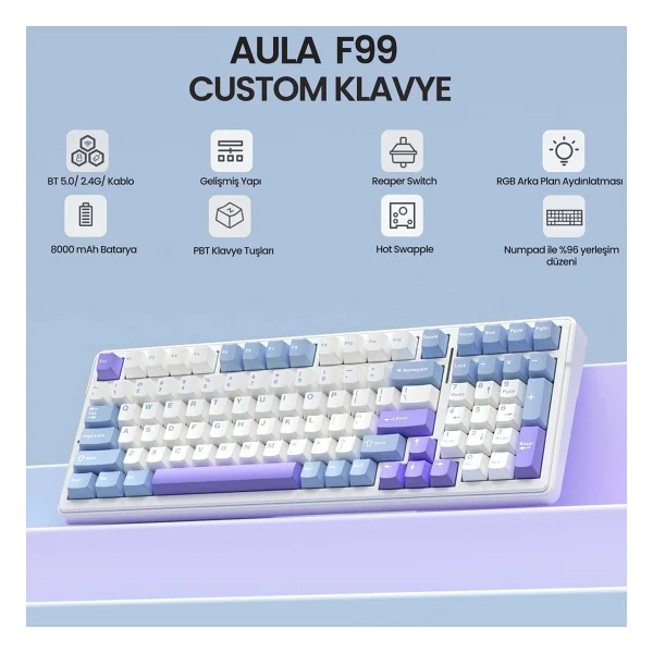 Aula F99 3 Modlu RGB Hot Swap Mekanik Reaper Switch Kablosuz Makrolu Klavye Mavi - Görsel 5