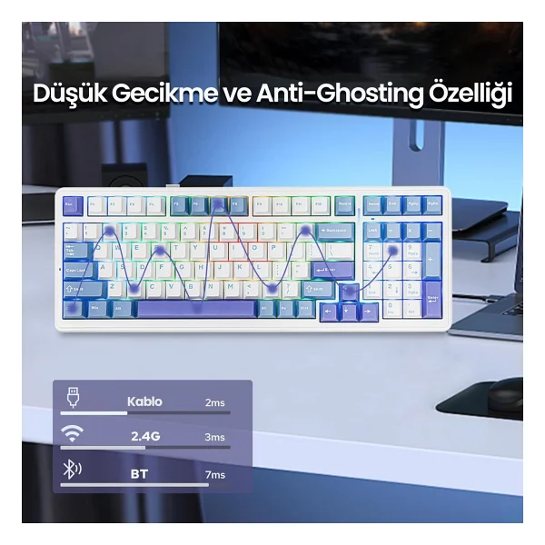 Aula F99 3 Modlu RGB Hot Swap Mekanik Reaper Switch Kablosuz Makrolu Klavye Mavi - Görsel 8