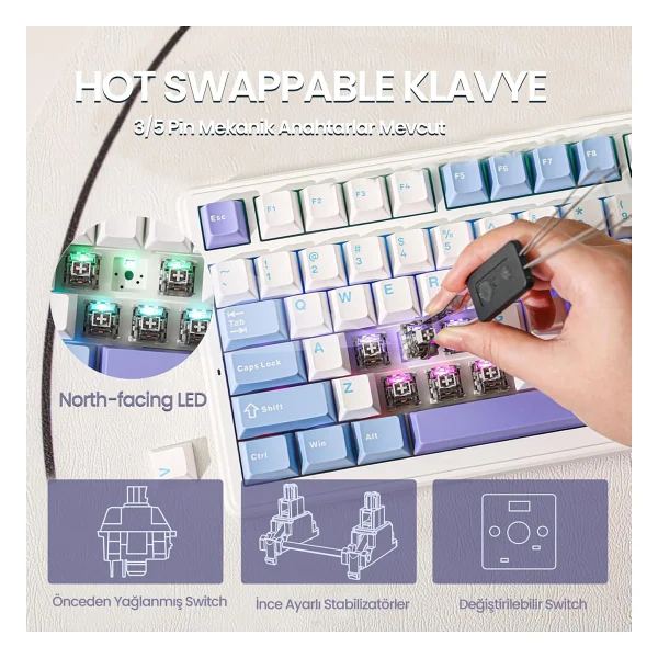Aula F99 3 Modlu RGB Hot Swap Mekanik Reaper Switch Kablosuz Makrolu Klavye Mavi - Görsel 6