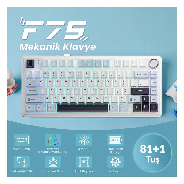 Aula F75 Lacivert RGB %75 Tkl Ice Vein Switch Kablolu/Kablosuz Mekanik Oyuncu Klavyesi - Görsel 3