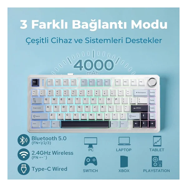 Aula F75 Lacivert RGB %75 Tkl Ice Vein Switch Kablolu/Kablosuz Mekanik Oyuncu Klavyesi - Görsel 4