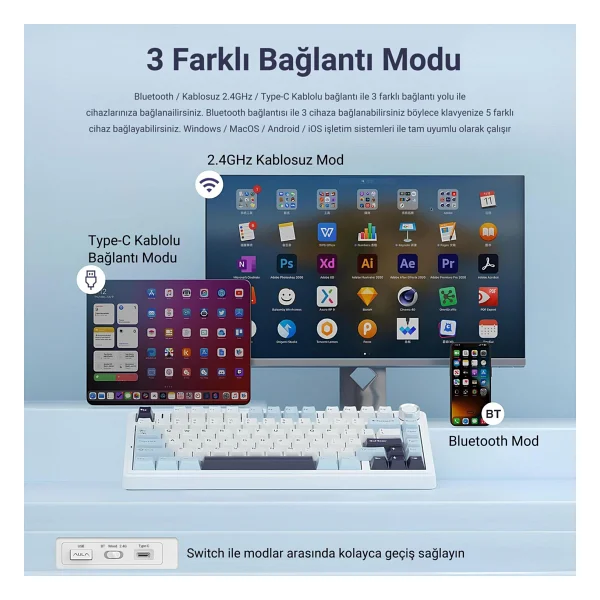 Aula F75 Lacivert RGB %75 Tkl Ice Vein Switch Kablolu/Kablosuz Mekanik Oyuncu Klavyesi - Görsel 8