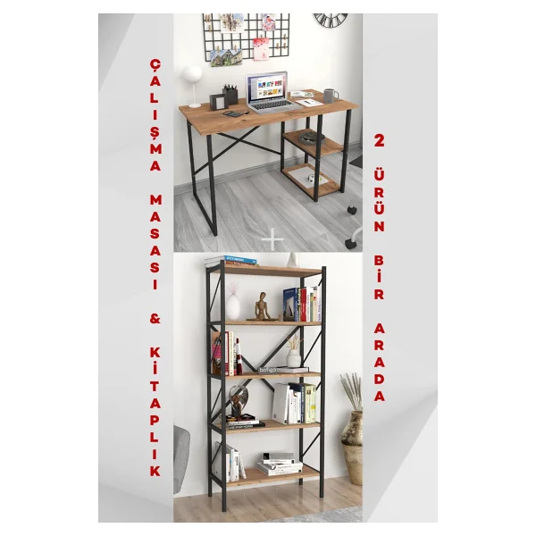 Bofigo 2 Raflı Çalışma Masası Bilgisayar Masası Ofis Ders Masası + 5 Raflı Kitaplık Metal Kitaplık Çam - Y: 75 Cm D: 60 Cm G: 120 Cm - Görsel 5