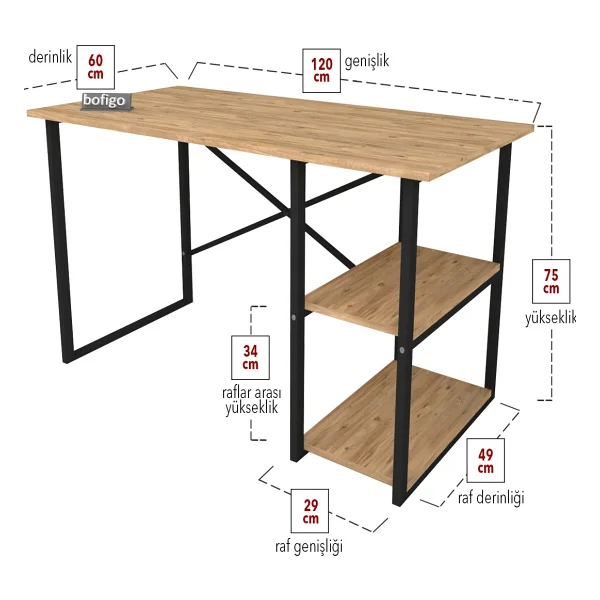 Bofigo 2 Raflı Çalışma Masası Bilgisayar Masası Ofis Ders Masası + 5 Raflı Kitaplık Metal Kitaplık Çam - Y: 75 Cm D: 60 Cm G: 120 Cm - Görsel 2
