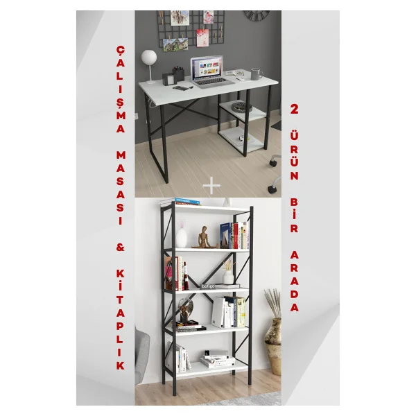 Bofigo 2 Raflı Çalışma Masası Bilgisayar Masası Ofis Ders Masası + 5 Raflı Kitaplık Metal Kitaplık Çam - Y: 75 Cm D: 60 Cm G: 120 Cm - Görsel 6