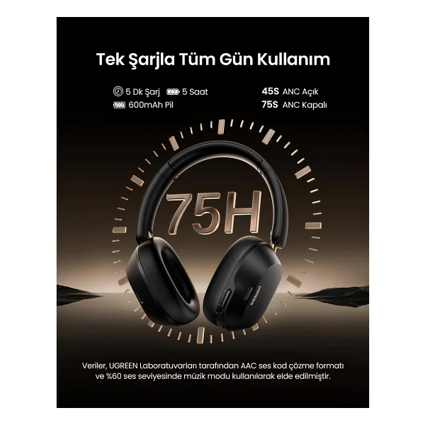 Ugreen Hitune Max 5c ANC Siyah Kulak Üstü Bluetooth Kulaklık - Görsel 7