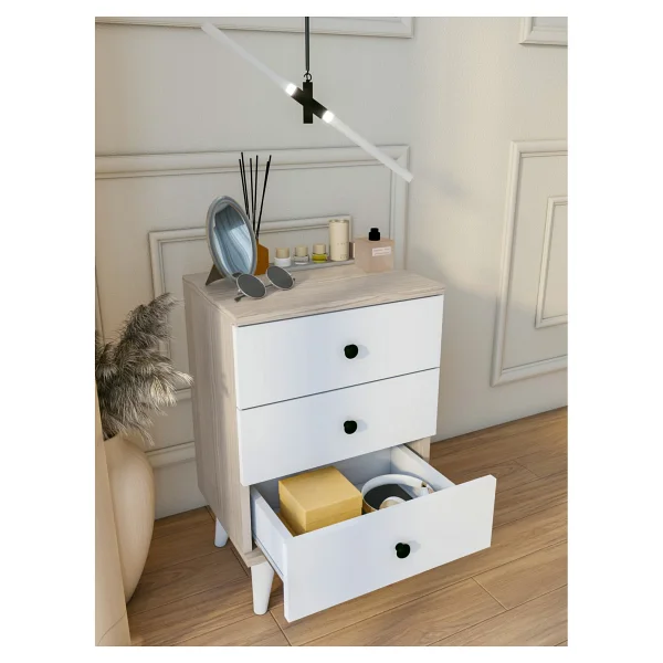 Montenero Cordoba Country Komodin 3 Çekmeceli Yüksek Ayaklı Parlak Beyaz Yatak Odası 45x65 Cm - Görsel 2