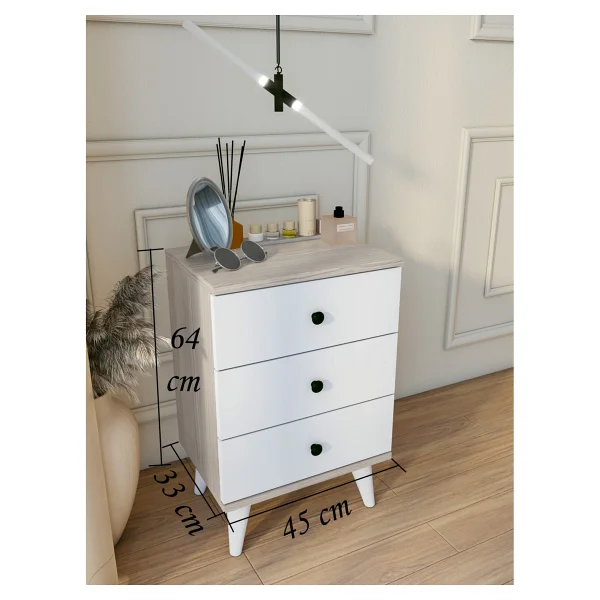 Montenero Cordoba Country Komodin 3 Çekmeceli Yüksek Ayaklı Parlak Beyaz Yatak Odası 45x65 Cm - Görsel 3