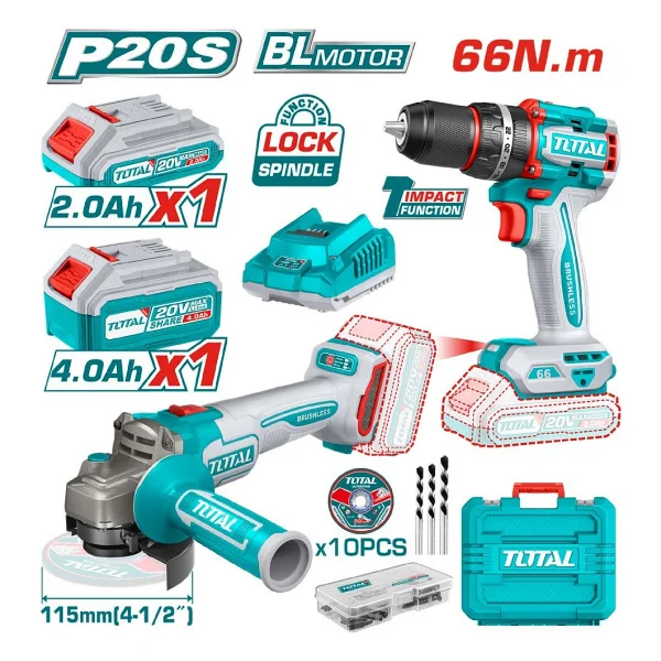 Total Tools Tcklı20273e Çift Akülü Darbeli Matkap + Taşlama Elektrikli El Aletleri Seti - Görsel 4