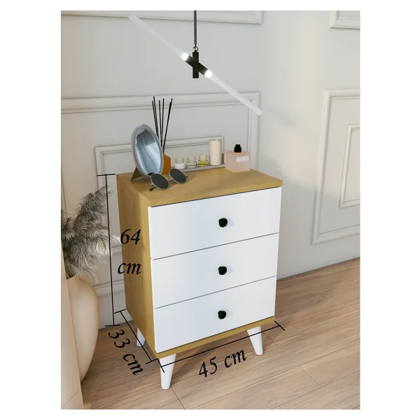 Montenero Marbella Country Komodin 3 Çekmeceli Yüksek Ayaklı Parlak Beyaz Yatak Odası 45x65 Cm - Ceviz - Görsel 2