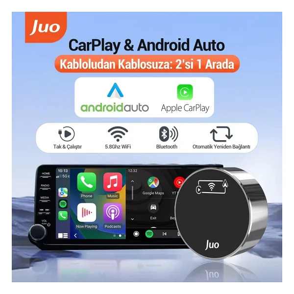 Juo Kablosuz Carplay Android Auto Kabloludan Kablosuza Çevirici USB Ve Type-C Adaptör - Siyah - Görsel 2