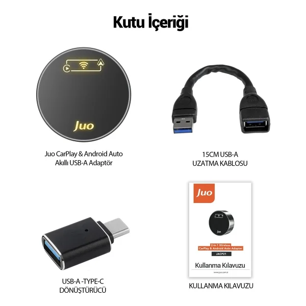 Juo Kablosuz Carplay Android Auto Kabloludan Kablosuza Çevirici USB Ve Type-C Adaptör - Siyah - Görsel 3
