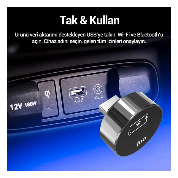 Juo Kablosuz Carplay Android Auto Kabloludan Kablosuza Çevirici USB Ve Type-C Adaptör - Siyah - Görsel 4