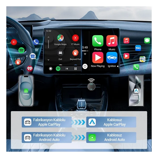 Juo Kablosuz Carplay Android Auto Kabloludan Kablosuza Çevirici USB Ve Type-C Adaptör - Siyah - Görsel 5