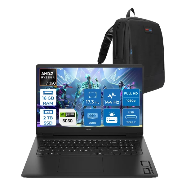 Hp Omen 17-DB1015NT Amd Ryzen Aı 7 350 16GB Ddr5 2tb SSD RTX5060 8gb Gddr7 17.3 Inç Fullhd (1920 x 1080) 144Hz 7ms 300NITS IPS Freedos Taşınabilir Bilgisayar C2EZ5EAF03 + Zetta Çanta - 2 TB - 16 GB - Görsel 6