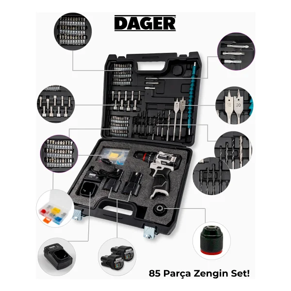 Dager Bolt 16.8v Kömürsüz Darbeli Şarjlı Matkap Vidalama Seti 60nm Çift Akü + 85 Parça Aksesuar + Hızlı Şarj Gri - Görsel 8