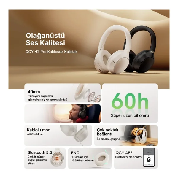 Qcy H2 Pro Siyah Kulak Üstü Bluetooth Kulaklık - Görsel 2