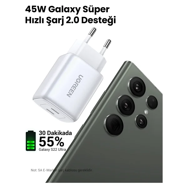 Ugreen Nexode 45 W Beyaz Type-C Hızlı Şarj Adaptörü - Görsel 8
