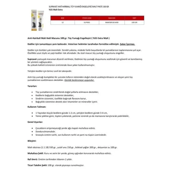 Supravet Anti Hairball 100 Gr Malt Kedi Macunu - Görsel 3