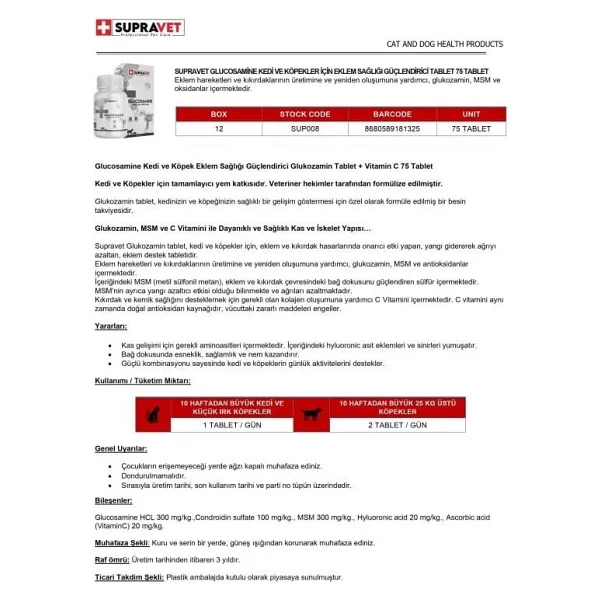 Supravet Glucosamine Köpek Ve Kediler İçin 75 Tablet - Görsel 3