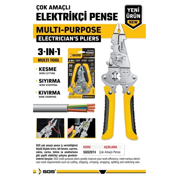 Sgs Çok Amaçlı Elektrikçi Pense 3-In-1 Kesme - Sıyırma - Kıvırma