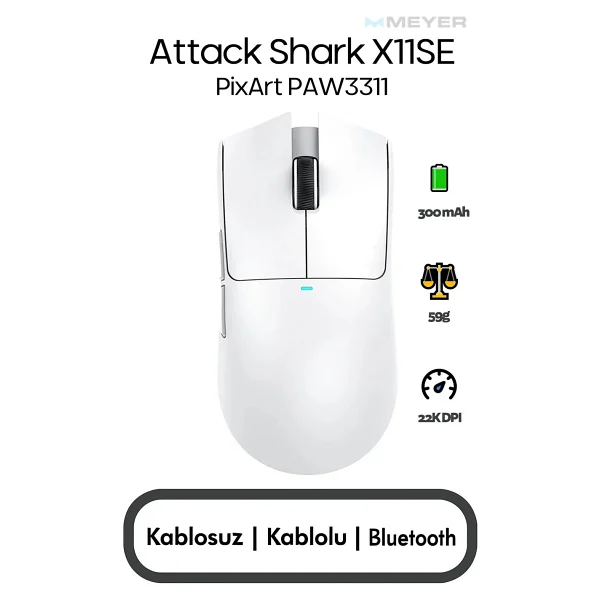 Attack Shark X11se Siyah Şarjlı Makrolu Ergonomik Optik Kablolu/Kablosuz Oyuncu Mouse - Görsel 7