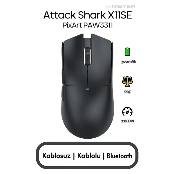 Attack Shark X11se Siyah Şarjlı Makrolu Ergonomik Optik Kablolu/Kablosuz Oyuncu Mouse - Görsel 8