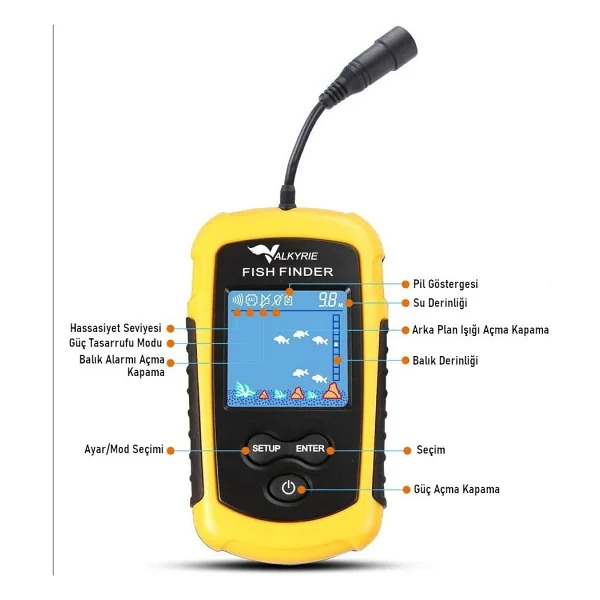 Valkyrie Lcd Renkli Ekran Taşınabilir Kablolu 100 M'lik Aralığı Sonar Yankı Iskandil Balık Bulucu - Görsel 4