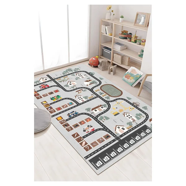 Makinede Yıkanabilir Kaymaz Taban Leke Tutmaz Yol Desenli Çocuk Odası Halısı Oyun Halısı - Gri - 180 X 300 Cm - Görsel 9