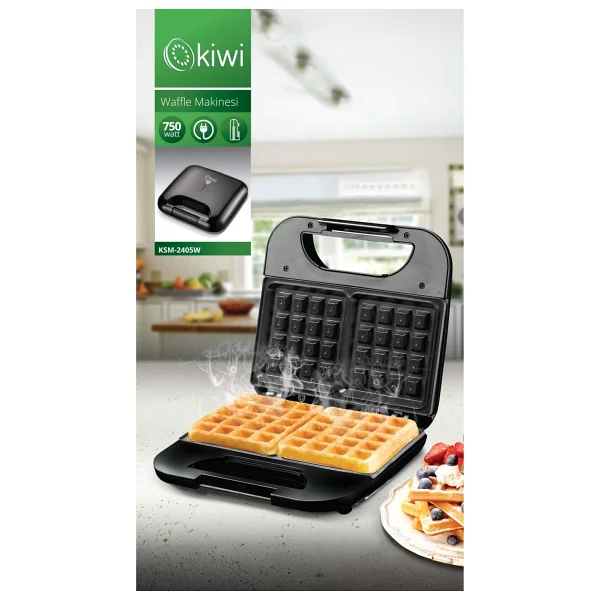 Kiwi Kare Waffle Makinesi 750w - Yapışmaz Kaplama, Termostat Kontrollü, Kaymaz Ayaklar Ve El Yakmayan Tutma Yeri İle - Siyah - Görsel 3