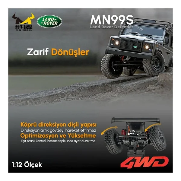 Mn Model Mn99s V2 1/12 Land Rover Defender 4wd Rc Model Crawler Offroad Uzaktan Kumandalı Araba Truck Rtr Lisanslı Gümüş+Dahili Işık Seti Mn-99s V2 - Görsel 4