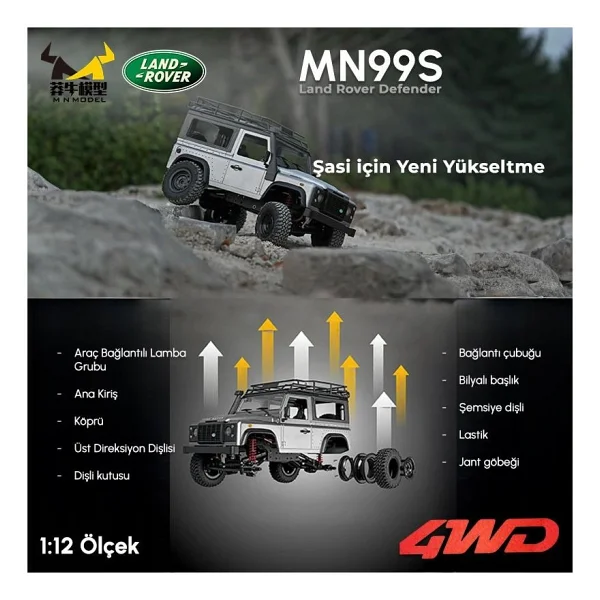 Mn Model Mn99s V2 1/12 Land Rover Defender 4wd Rc Model Crawler Offroad Uzaktan Kumandalı Araba Truck Rtr Lisanslı Gümüş+Dahili Işık Seti Mn-99s V2 - Görsel 5