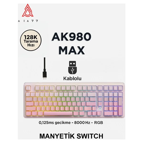 Ajazz AK980 Max HE Contour Beyaz RGB Magnetic Frost Switch Kablolu Mekanik Oyuncu Klavyesi - Görsel 9
