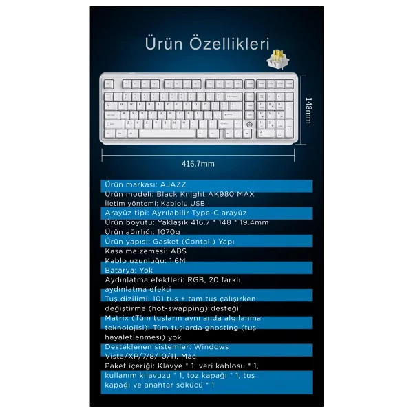 Ajazz Ak980 Max He Manyetik Switch Klavye- 128k Tarama Hızı-0.125 Ms Ultra Düşük Gecikme-8000 Hz - Görsel 8