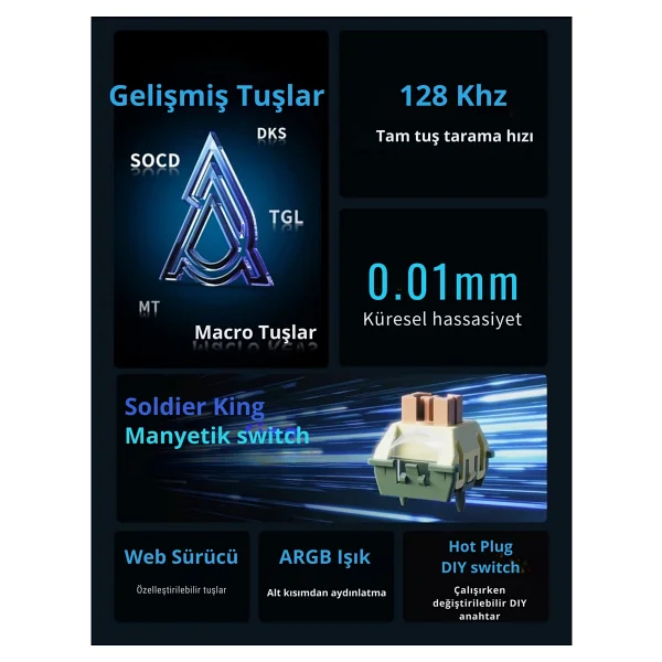 Ajazz Ak980 Max He Manyetik Switch Klavye- 128k Tarama Hızı-0.125 Ms Ultra Düşük Gecikme-8000 Hz - Görsel 9