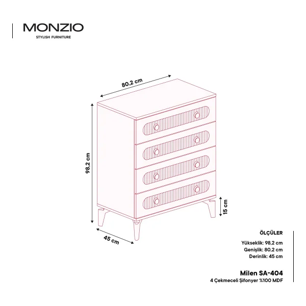 Monzıo Milen 4 Çekmeceli Şifonyer %100 Mdf - Görsel 3