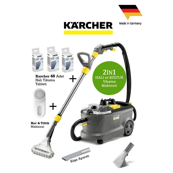 Karcher Puzzi Premium Set Halı Koltuk Yıkama Makinesi-Deterjan Kullanılabilir Yüksek Güçlü Halı Ve Zemin Yıkama +Köşe Aparatı +Karcher 48 Adet Yıkamalı Deterjan - Gri - Koyu Gri - Görsel 9