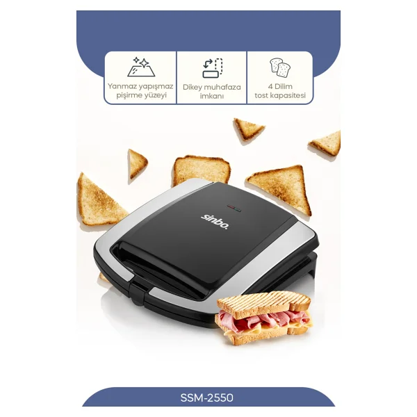 Sinbo Elektrikli Tost Makinesi 1500 W Izgara Fonksiyonlu Teflon Kaplama Siyah Gri Alüminyum - Görsel 4