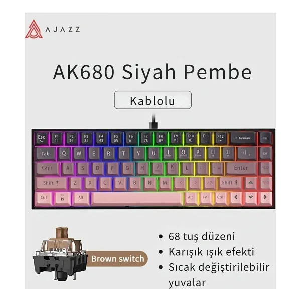 Ajazz Ak680 Pembe %65 Tkl Brown Switch Kablolu Mekanik Oyuncu Klavyesi - Görsel 9