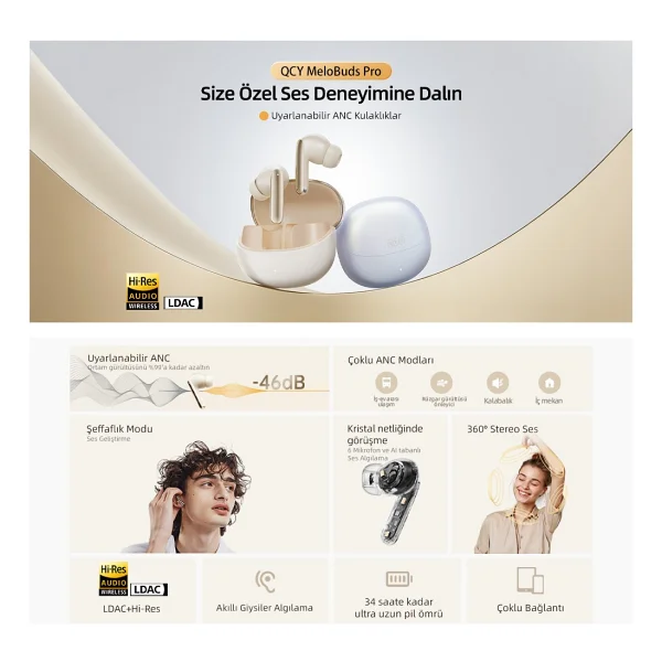 Qcy Melobuds Pro Ht08 ANC TWS Altın Kulak İçi Bluetooth Kulaklık - Görsel 6