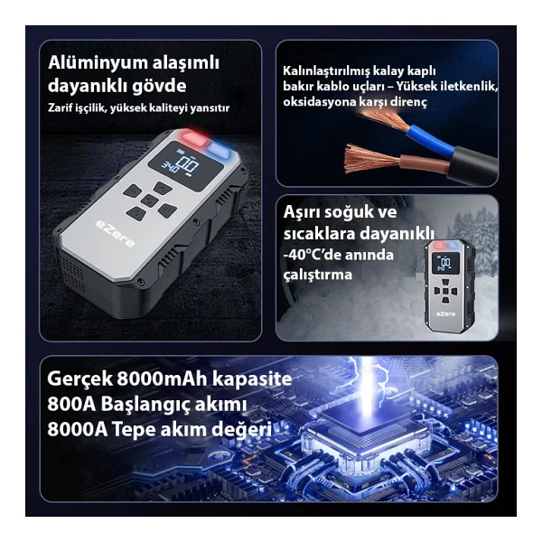 Ezere 4in1 8000 mAh Jump Starter Taşınabilir Akü Takviye Seti - Görsel 5
