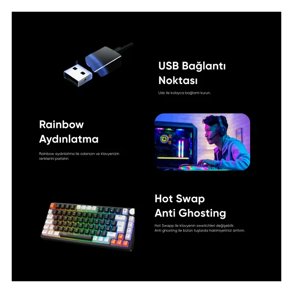 Gameagle Strike Compact Mekanik Klavye Hot Swap Anti Ghosting Türkçe Örgü Kablo Oyuncu Klavyesi - Siyah - Görsel 4
