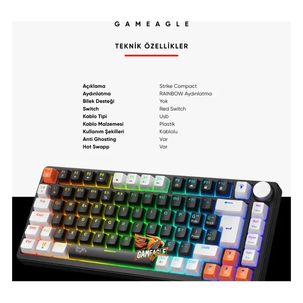 Gameagle Strike Compact Mekanik Klavye Hot Swap Anti Ghosting Türkçe Örgü Kablo Oyuncu Klavyesi - Siyah - Görsel 6