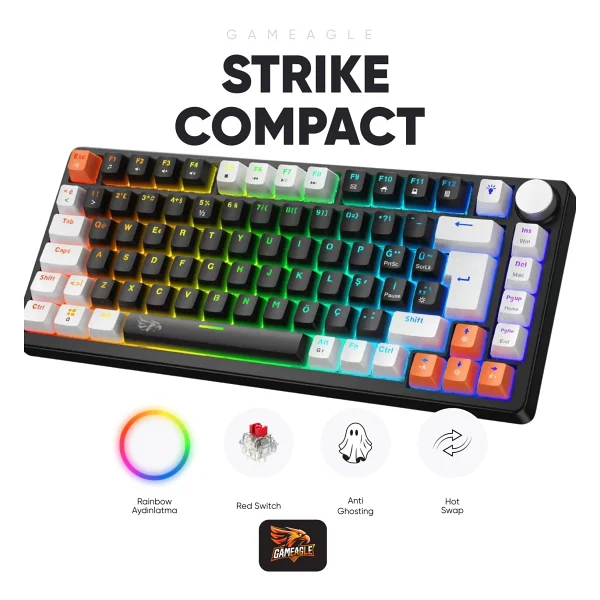Gameagle Strike Compact Mekanik Klavye Hot Swap Anti Ghosting Türkçe Örgü Kablo Oyuncu Klavyesi - Siyah - Görsel 8