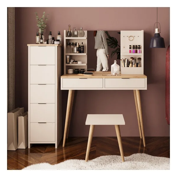 Bimossa U4060 Bella Makyaj Masası Seti 5+2 Çekmeceli Dolaplı Tabureli Kumtaşı-Sepet Meşe - Görsel 8