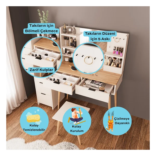 Bimossa U4060 Bella Makyaj Masası Seti 5+2 Çekmeceli Dolaplı Tabureli Kumtaşı-Sepet Meşe - Görsel 2