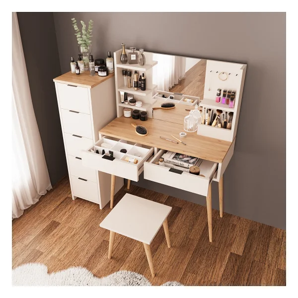 Bimossa U4060 Bella Makyaj Masası Seti 5+2 Çekmeceli Dolaplı Tabureli Kumtaşı-Sepet Meşe - Görsel 3