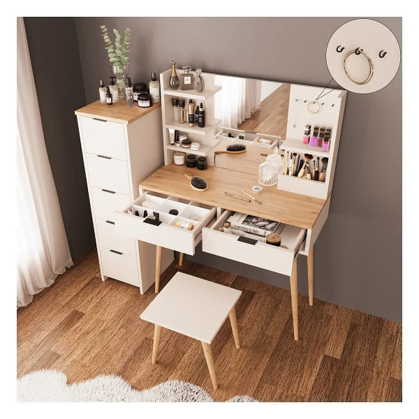 Bimossa U4060 Bella Makyaj Masası Seti 5+2 Çekmeceli Dolaplı Tabureli Kumtaşı-Sepet Meşe - Görsel 4
